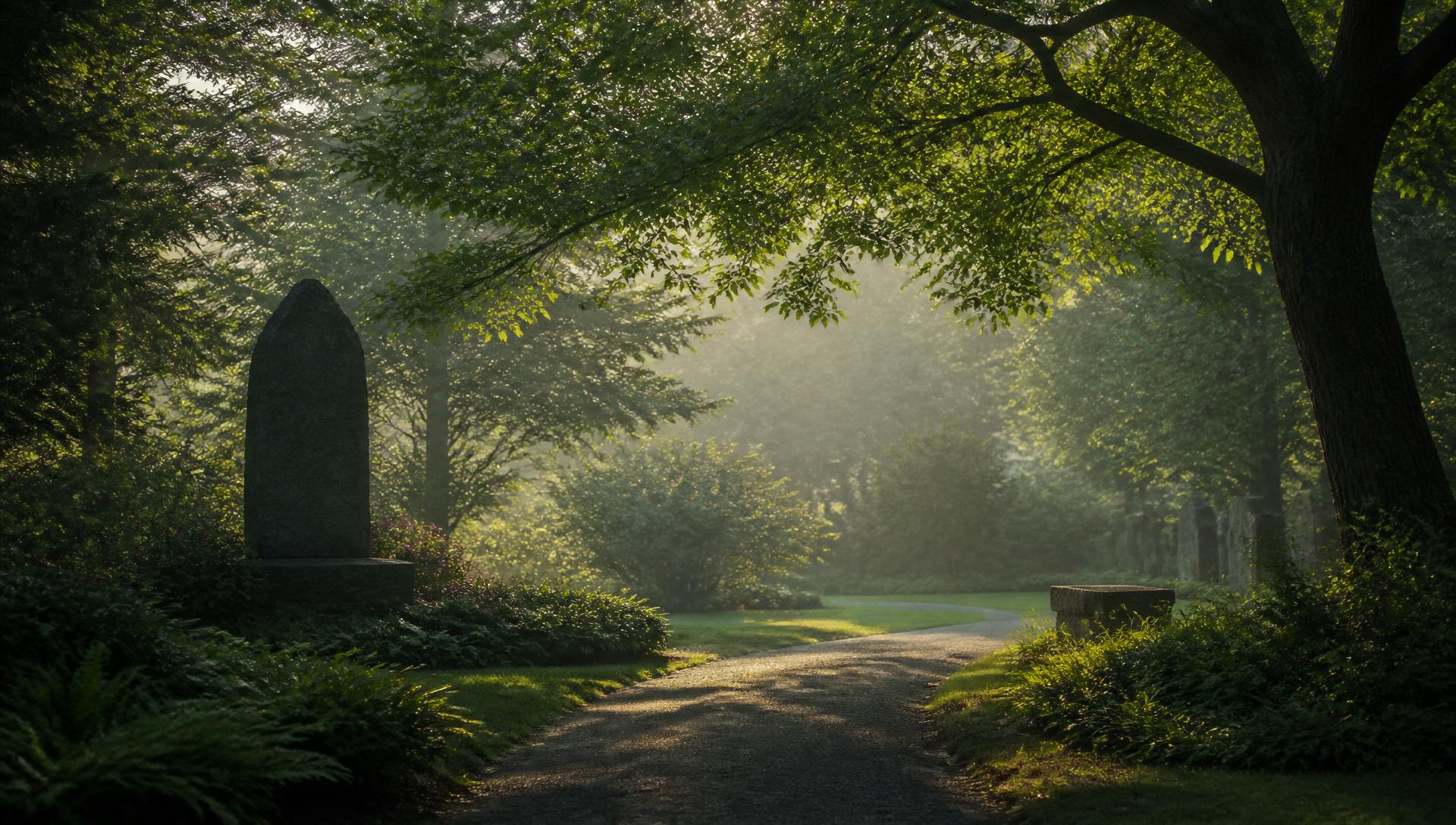 Caminho tranquilo em jardim memorial ao amanhecer